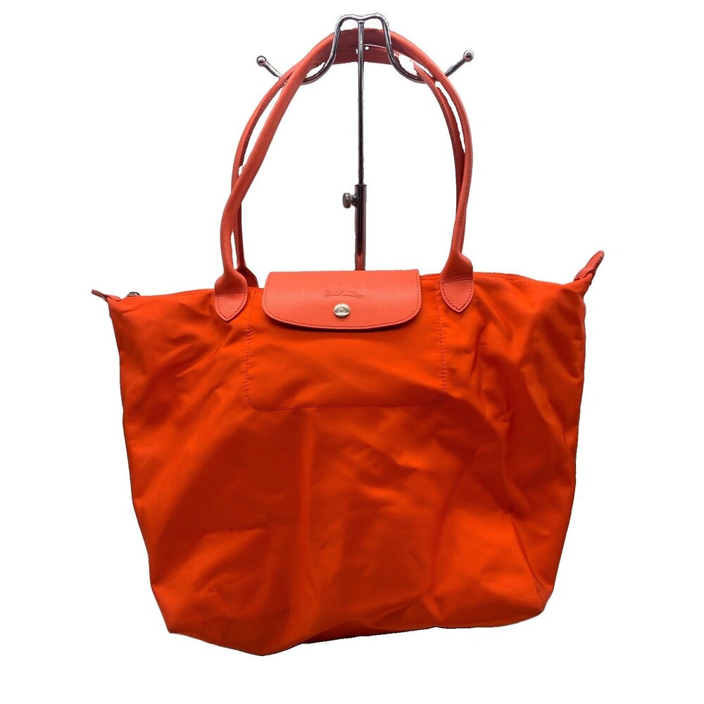 Longchamp Le Pliage Large Orange Tote Bag Purse Leather Handles